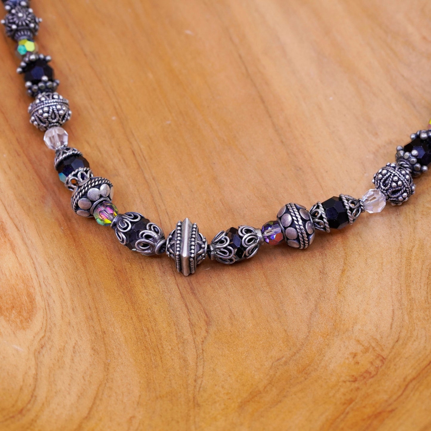 16”, sterling 925 silver handmade necklace with obsidian crystal and Bali beads