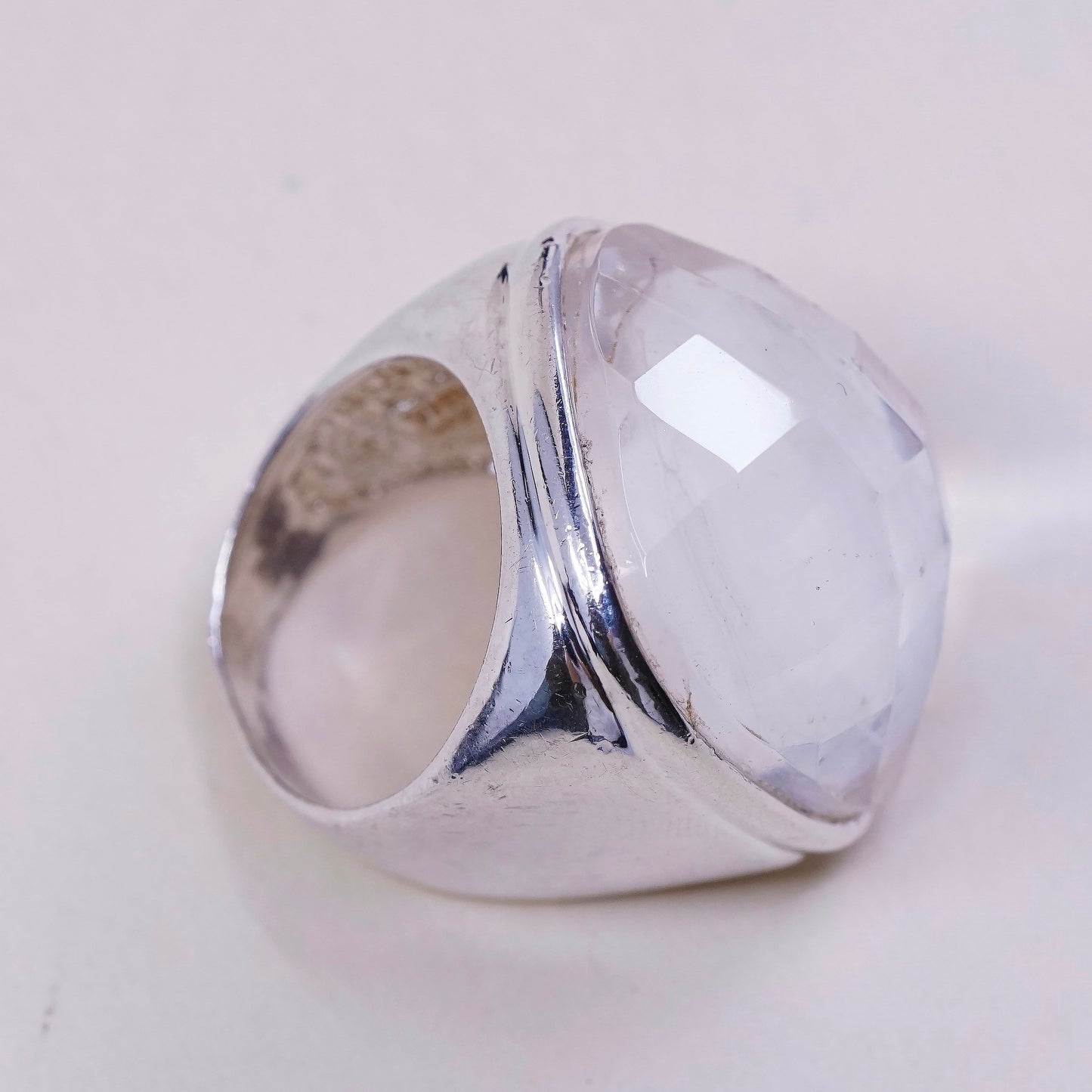 sz 7, vtg sterling 925 silver handmade statement ring w/ pink glass stone
