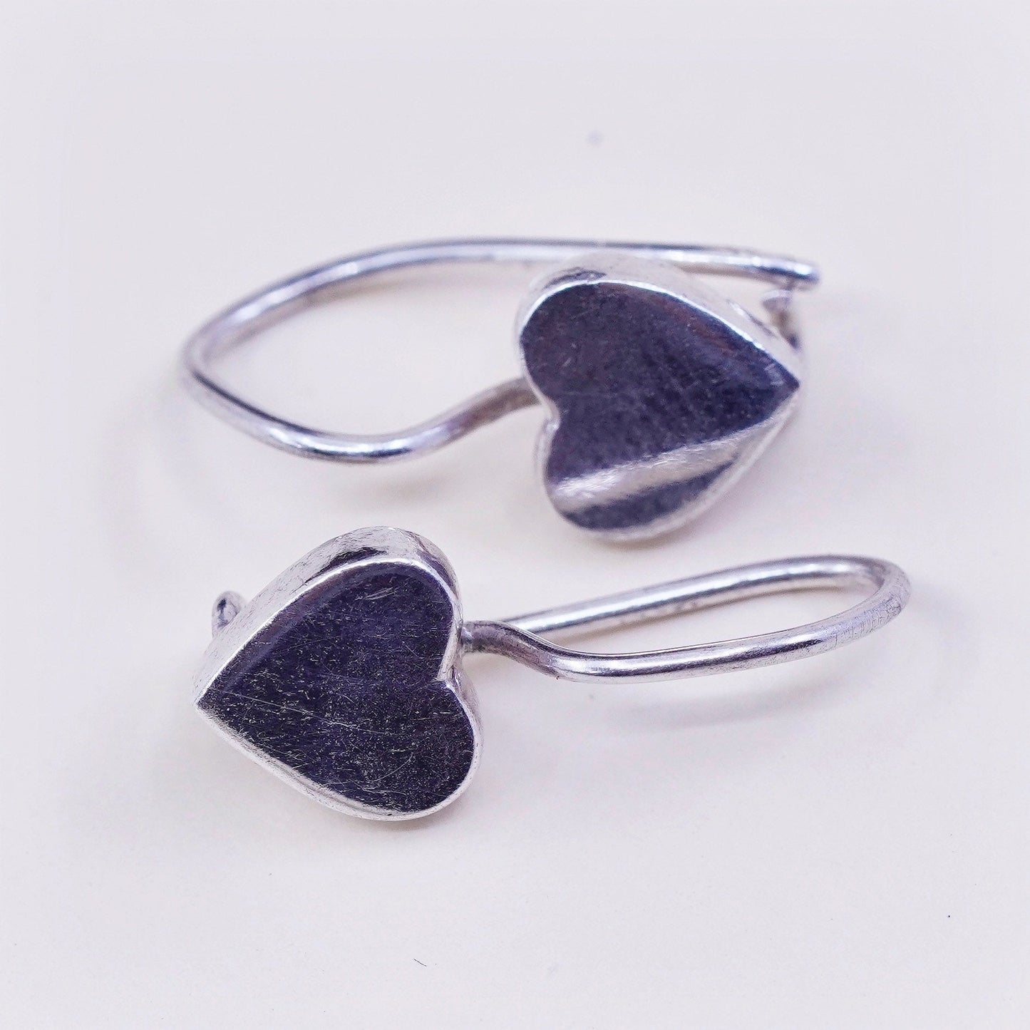 Vintage sterling 925 silver heart shaped drop earrings, stamped 925