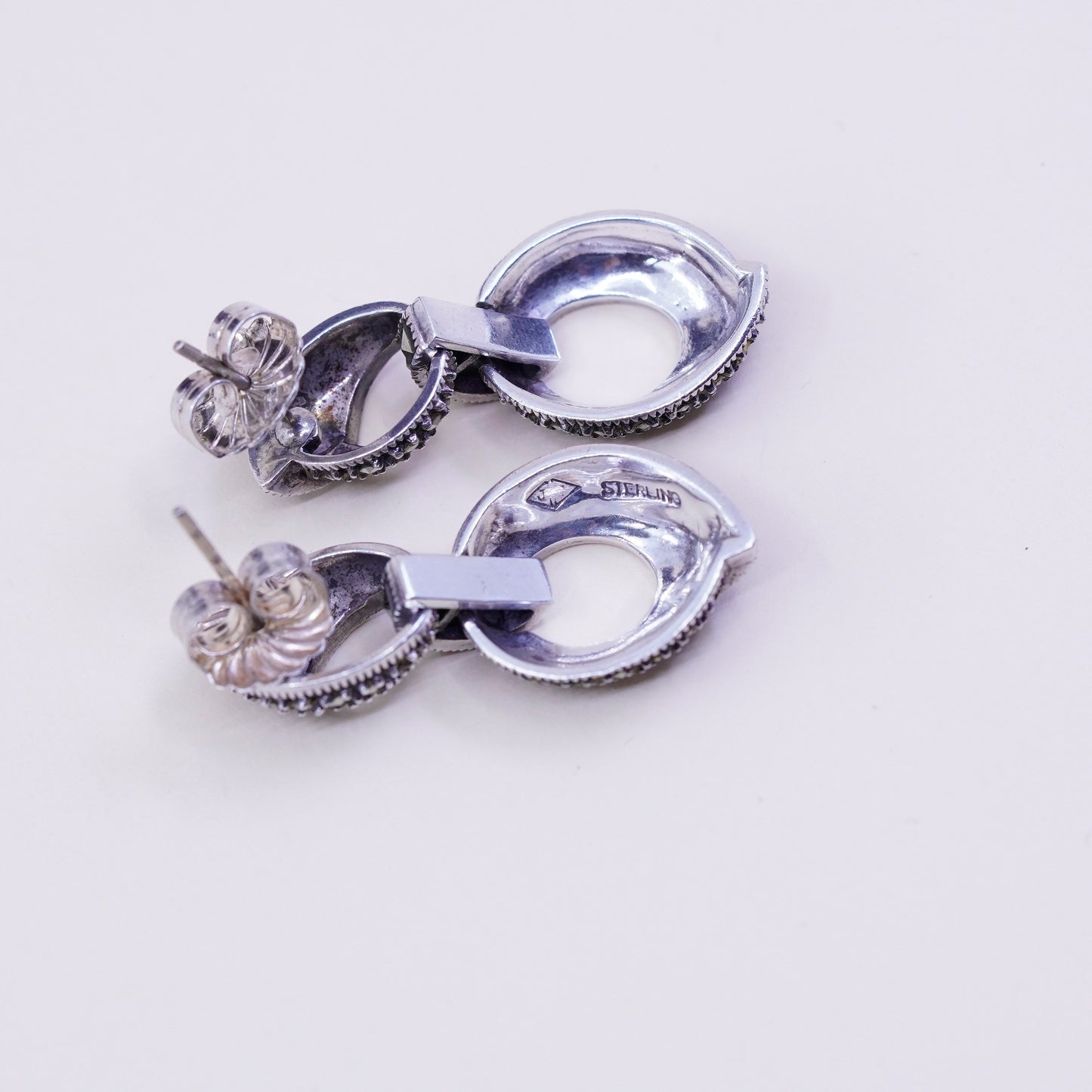 Vintage Judith Jack Sterling 925 silver earrings with Marcasite and teardrop dangles, stamped sterling JJ
