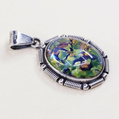 Vtg Sterling Silver Handmade Pendant, Mexico 925 Silver With Green Foiled Glass