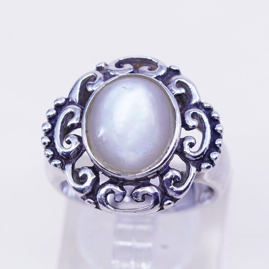 Size 8.25, vintage CFJ sterling 925 silver handmade filigree ring w/ moonstone