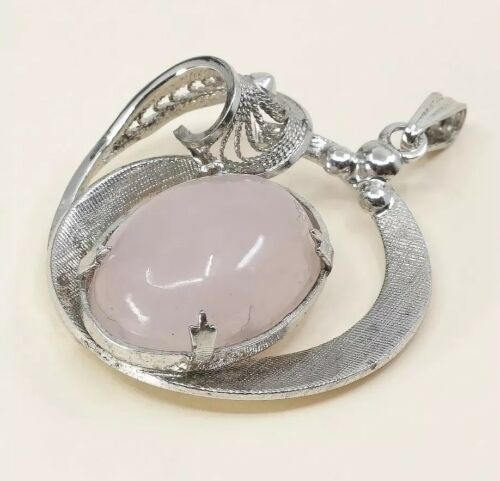 Vtg Sterling Silver Handmade Filigree Pendant W/ Pink Quartz, stamped FFF Ster