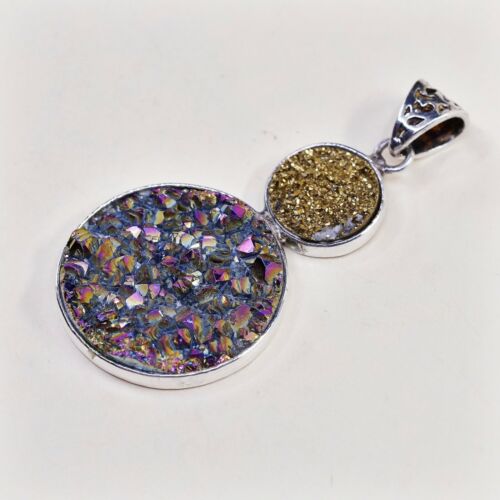 Vintage Sterling Silver Handmade Pendant, 925 Silver W/ Gold Metallic Druzy