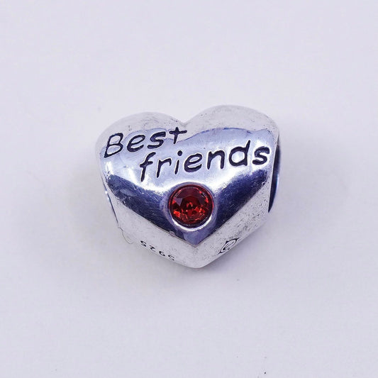 vtg sterling silver heart charm embossed “best friends” 925 ruby bead pendant