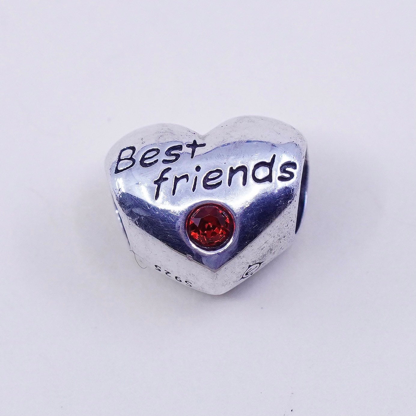 vtg sterling silver heart charm embossed “best friends” 925 ruby bead pendant