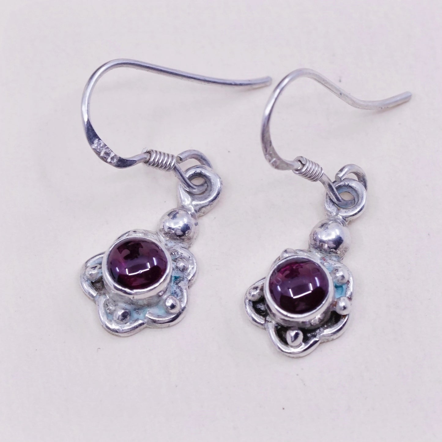 Vintage Sterling silver handmade earrings, 925 flower dangles with garnet beads