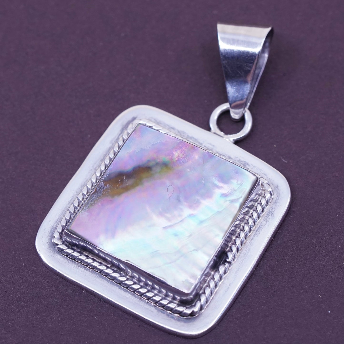 Vintage mexico Sterling 925 silver handmade square pendant with abalone