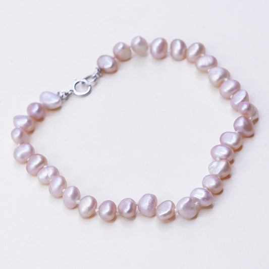 7.25”, Vintage handmade bracelet, pink pearl beads w/ sterling 925 silver clasp