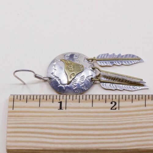 Vtg two tone handmade Sterling 925 Silver Earrings W/ Ox N Feather Dangles