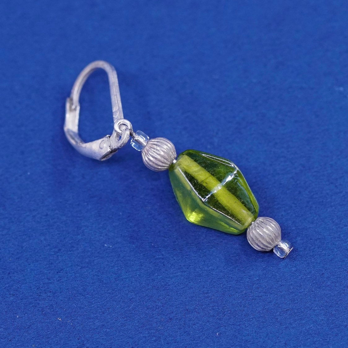 vtg sterling silver handmade earrings, 925 w/ green glass bead