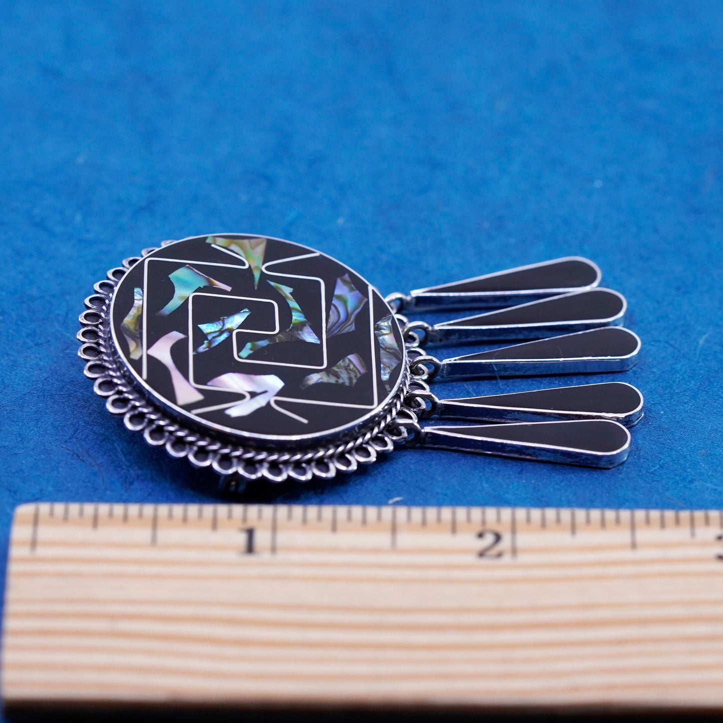 Vintage sterling 925 silver handmade brooch with abalone inlay and fringe