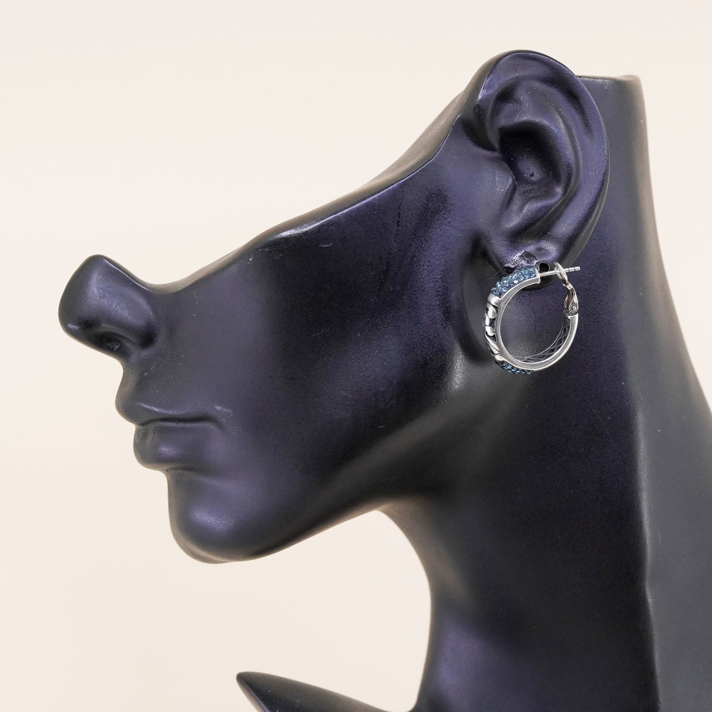 0.75”, Sterling silver handmade earrings, filigree 925 hoops Huggie crystal