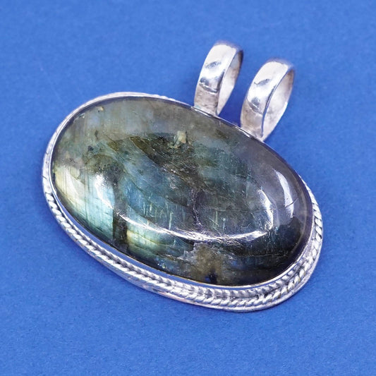 vtg Sterling silver handmade pendant, 925 oval labradorite N cable