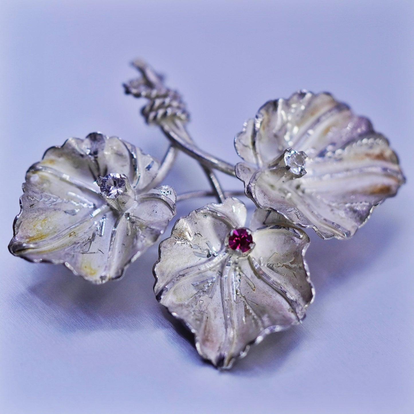 Vintage sterling silver handmade brooch, 925 leaves pin with crystal