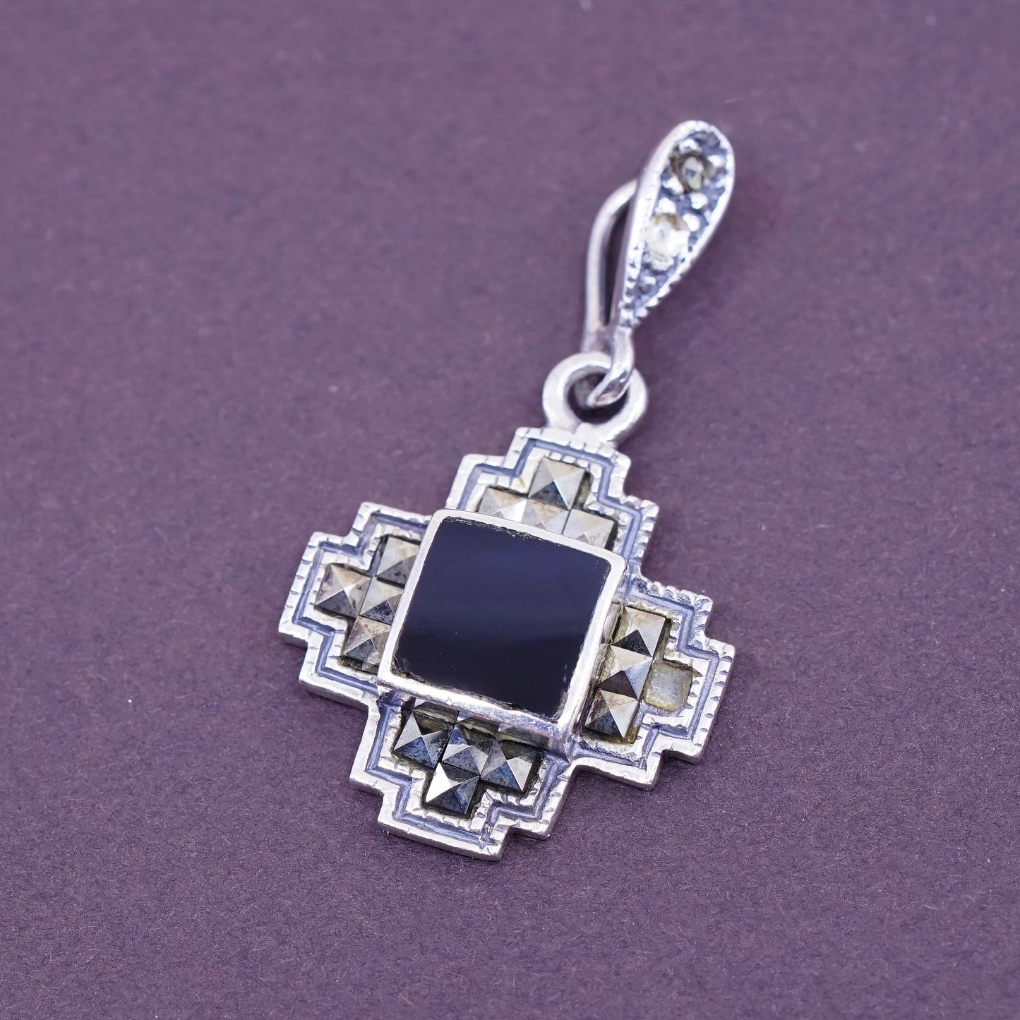 Vintage Sterling 925 silver handmade sided pendant with obsidian and marcasite
