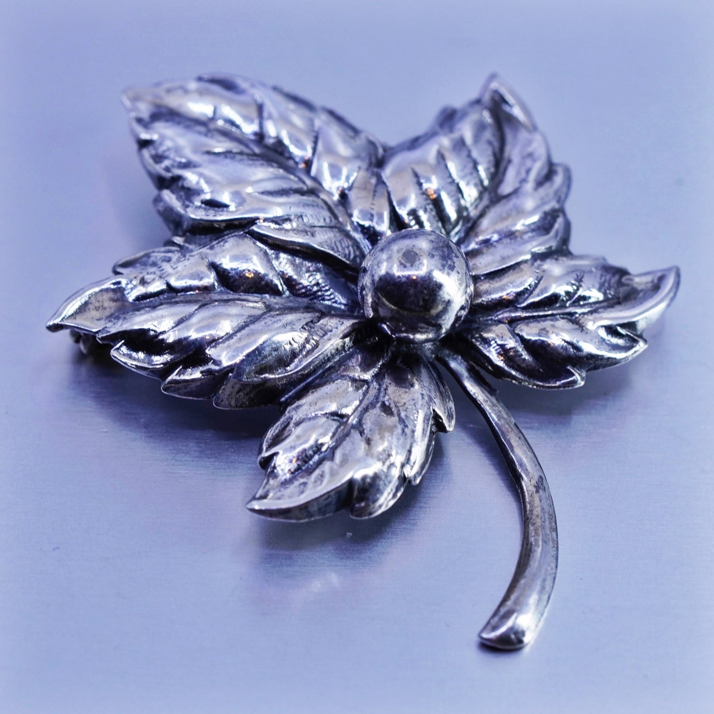 Vintage jewel Art sterling silver handmade brooch, 925 leaf pin with bead