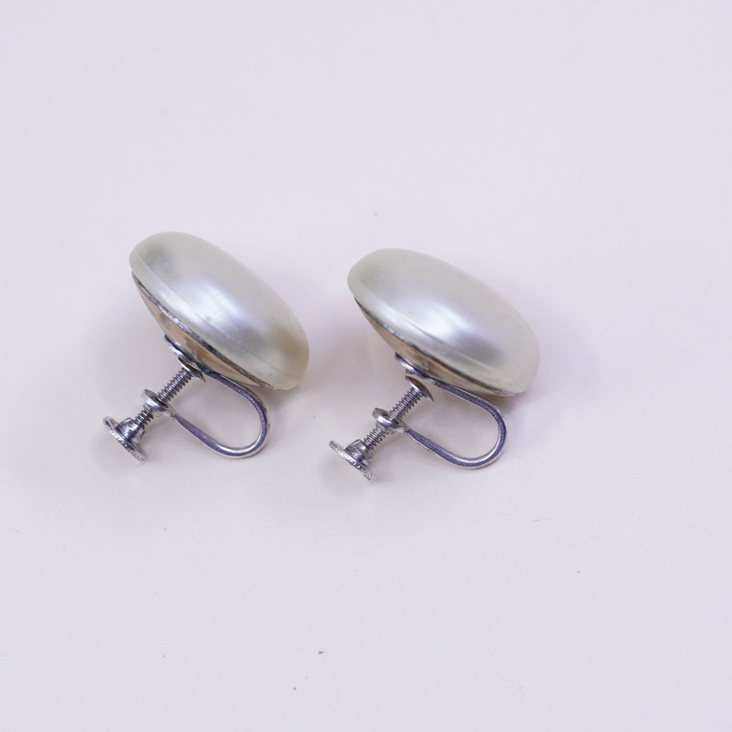 Vintage sterling 925 silver handmade earrings screw back with faux pearl, stamped sterling