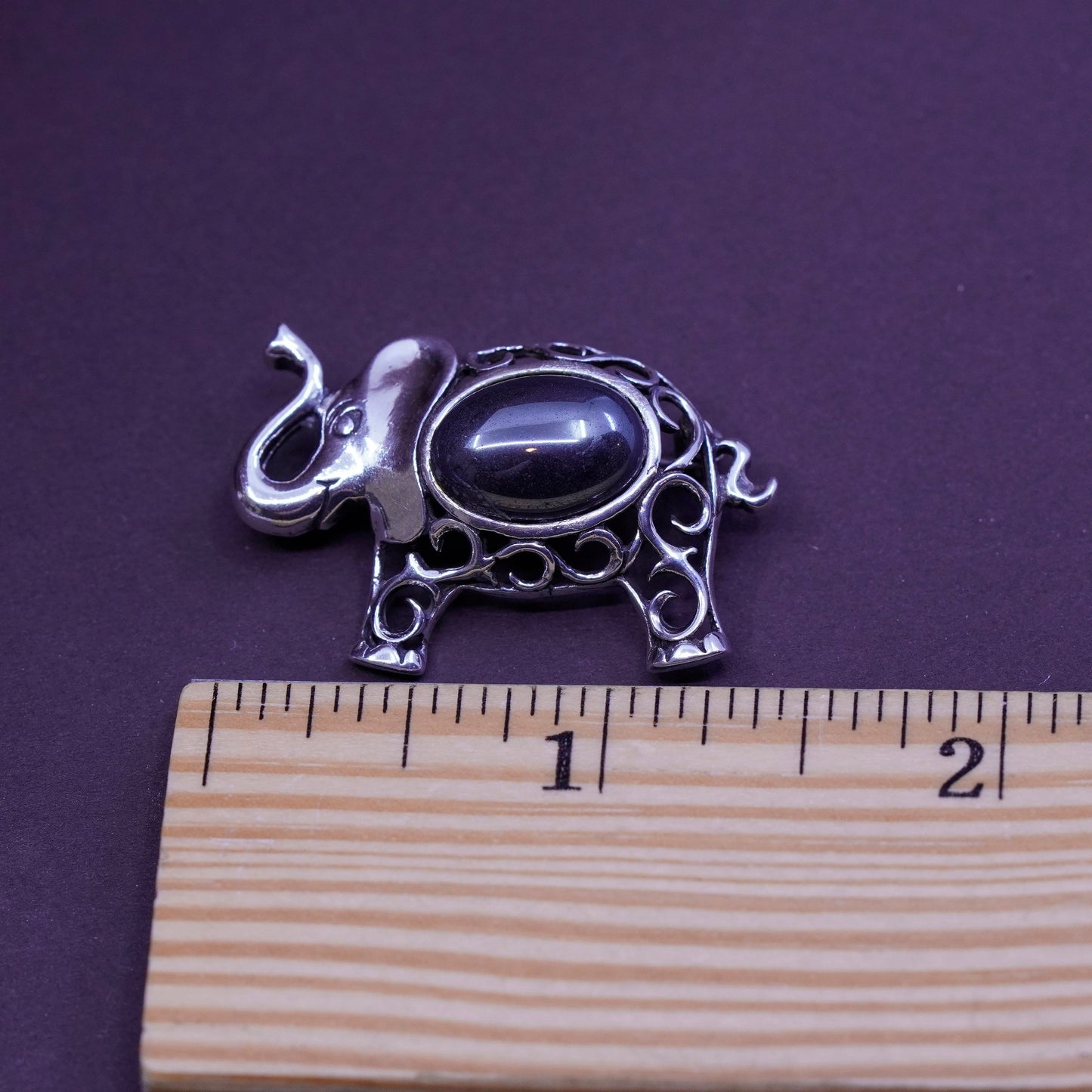 Vintage FA handmade sterling 925 silver filigree elephant brooch with hematite