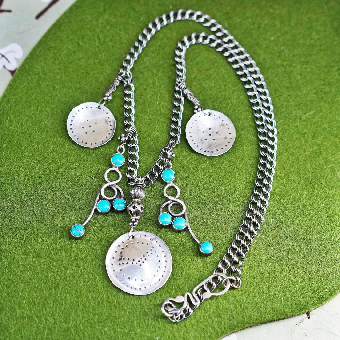 20”, Sterling 925 silver necklace, double curb chain with turquoise and discs