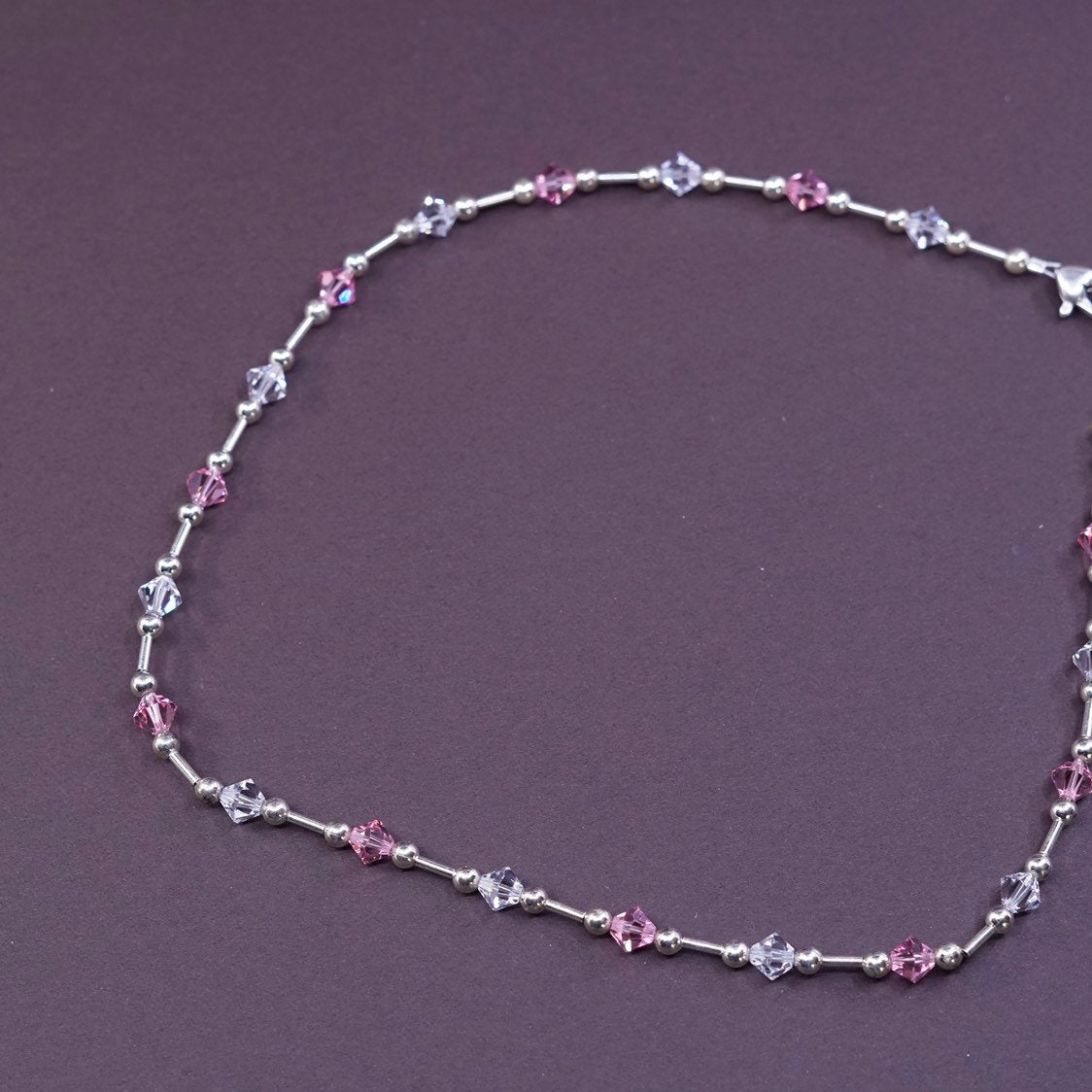 16" vtg Sterling silver necklace, 925 beads w/ pink crystal beads