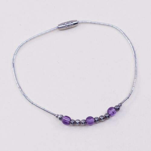 7”, Vtg Sterling 925 Handmade Liquid Silver bracelet With Amethyst Beads