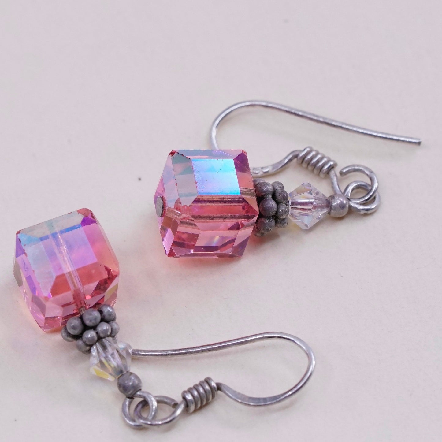 Vintage Sterling 925 silver handmade earrings, with pink crystal cube