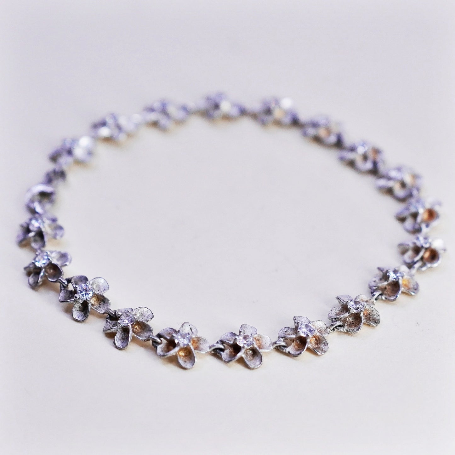 7.5”, sterling silver bracelet, 925 plumeria flowers with cz, handmade jewelry