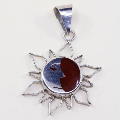 Vintage Sterling Silver Handmade Pendant, 925 W/ Jasper Flower Sun N Moon Face