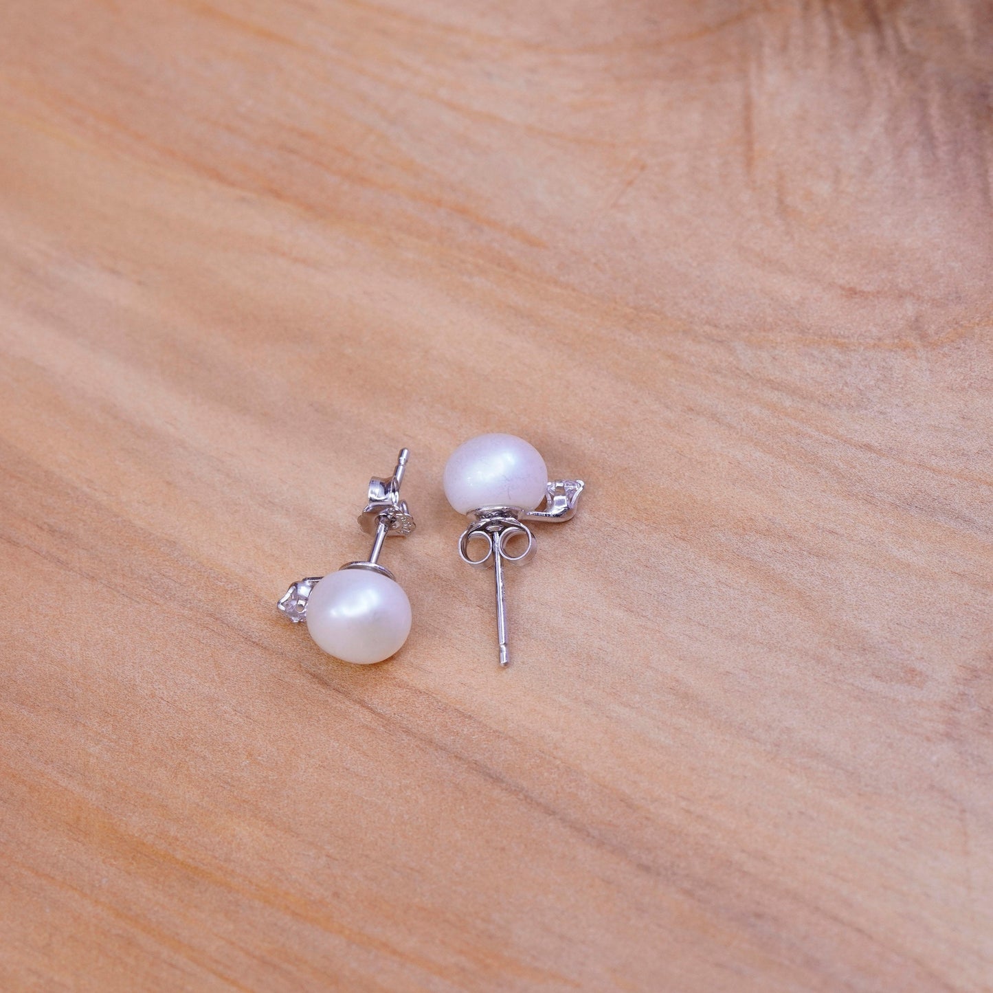 Vintage Sterling silver handmade earrings, 925 pearl studs and Cz