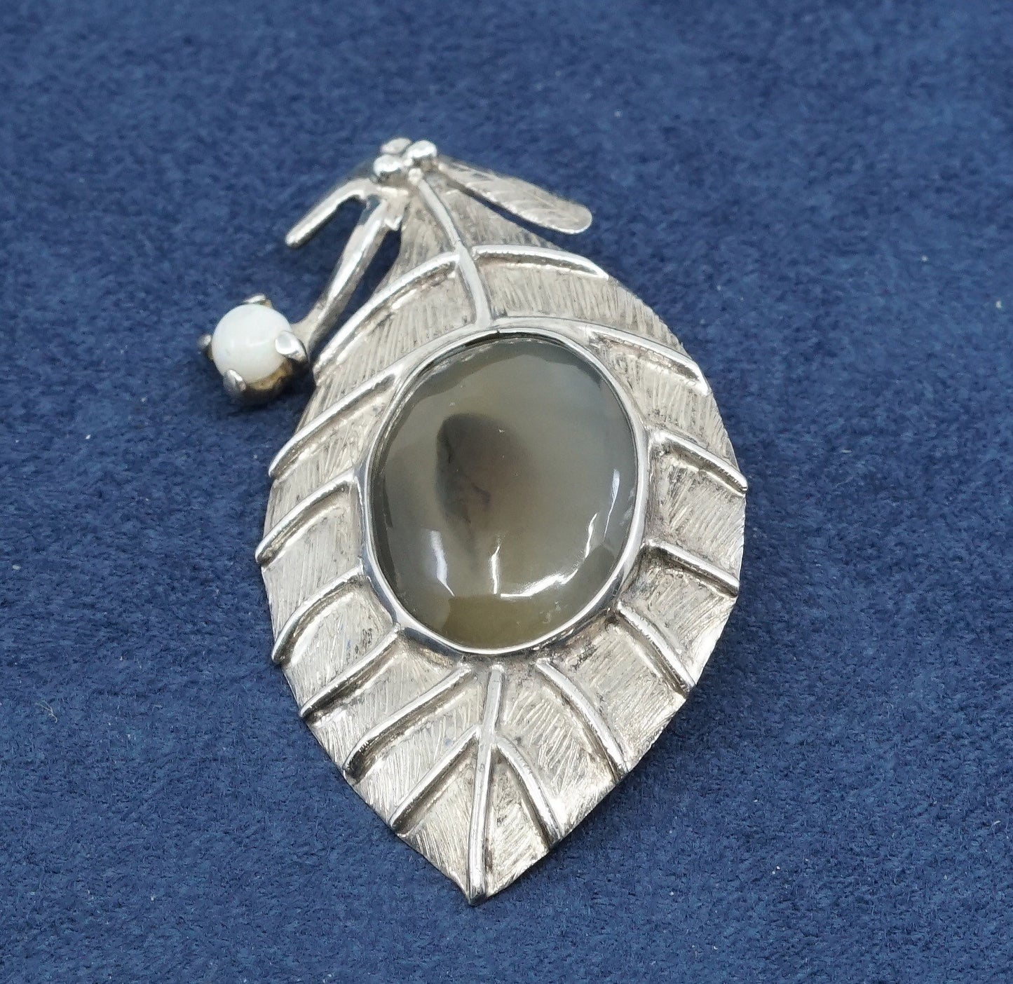 vtg Sterling silver handmade brooch, mexico 925 leaf pendant w/ agate