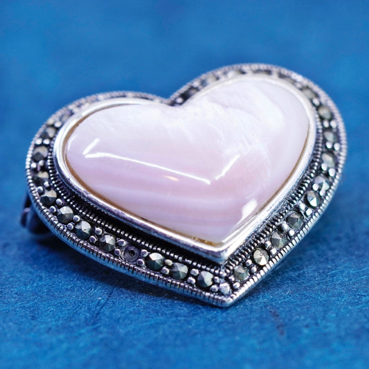 sterling silver handmade brooch, 925 heart pendant mother of pearl marcasite