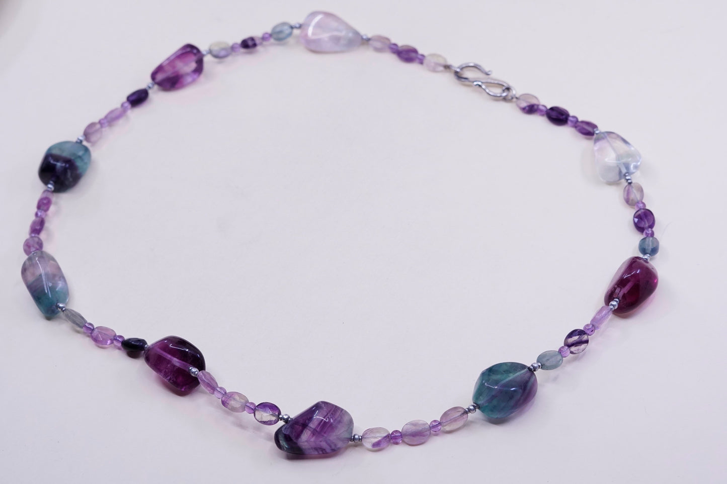 24”, Native American fluorite nugget and sterling 925 silver beads necklace