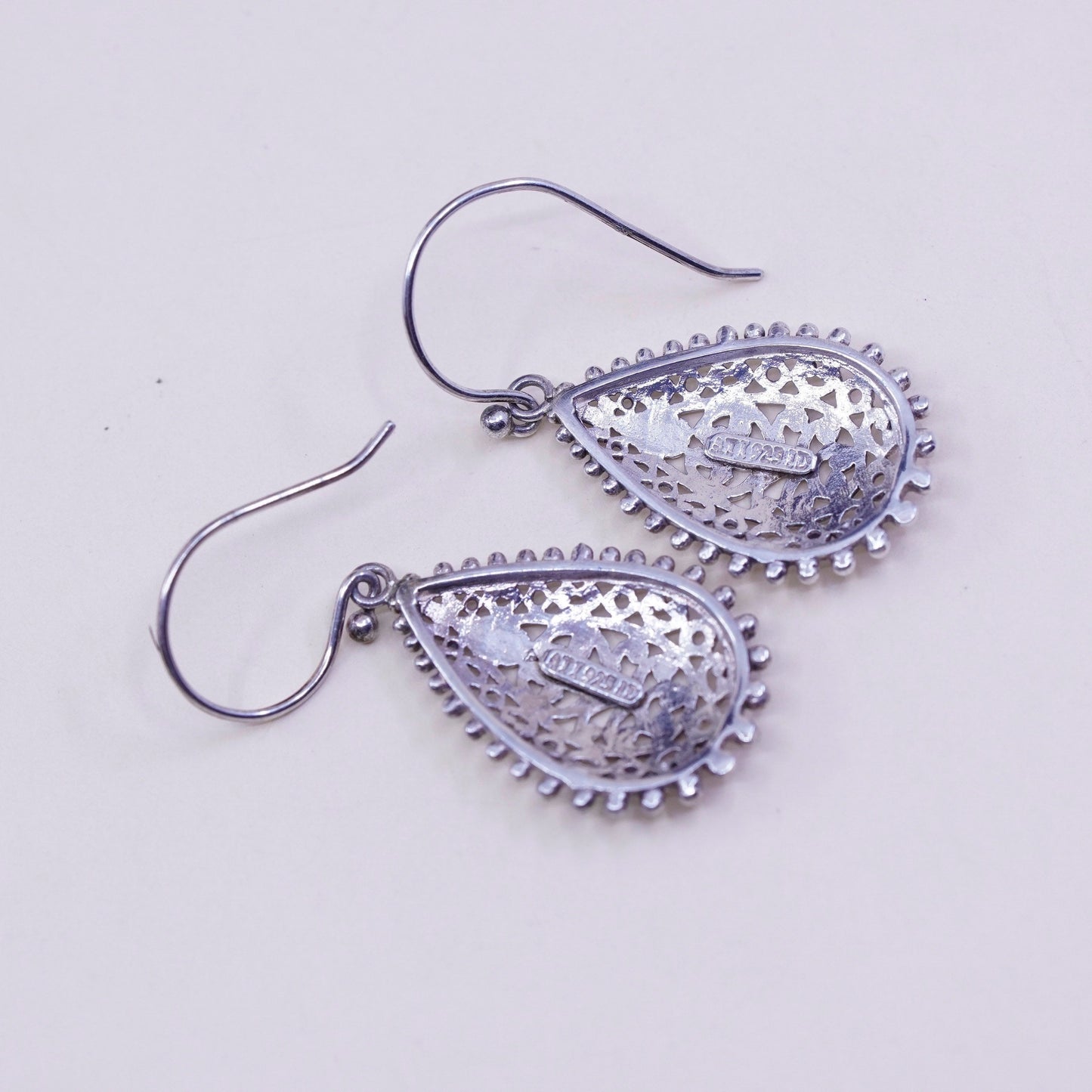 Vintage ATI Sterling silver handmade earrings, 925 filigree teardrop, stamped ATI 925