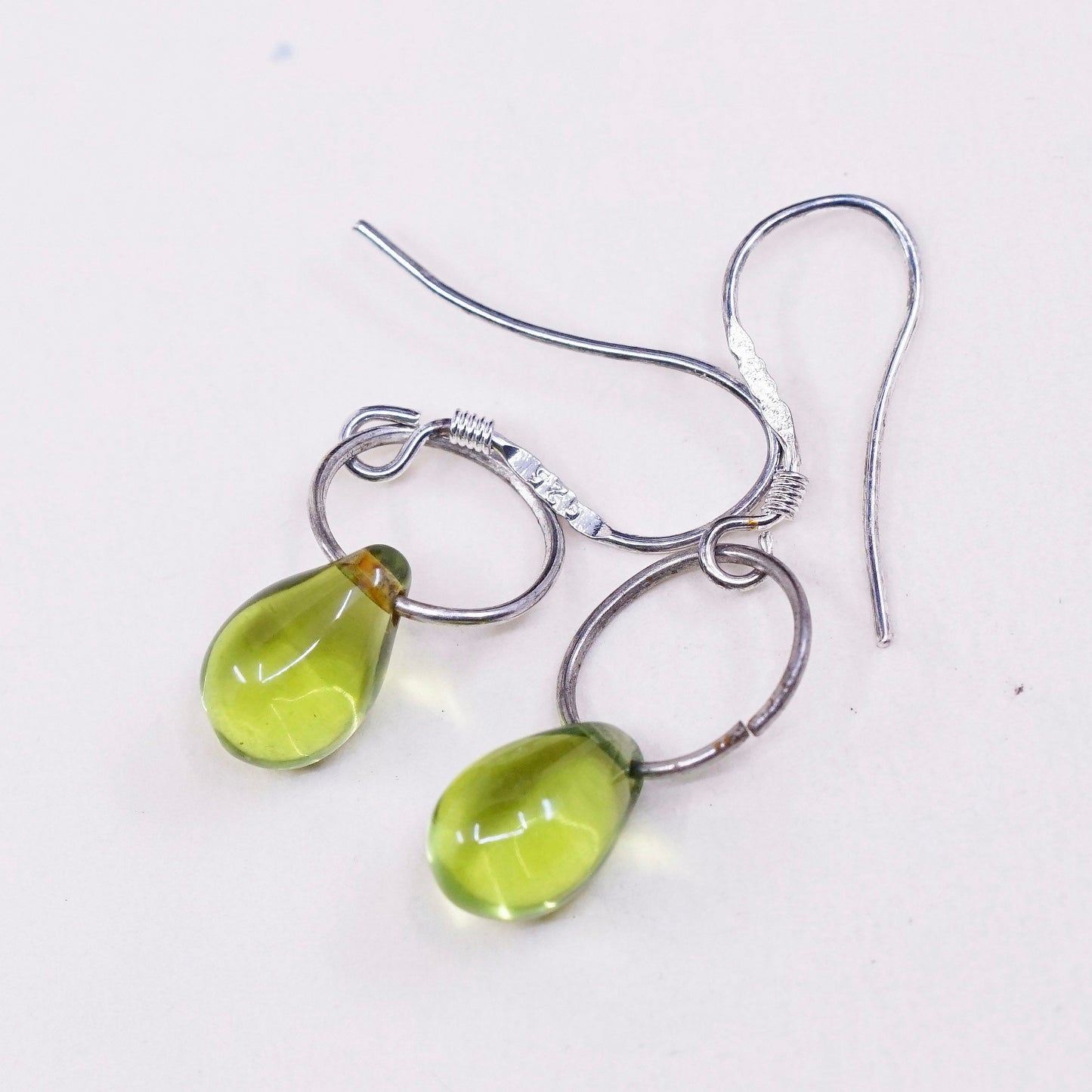 vtg Sterling silver handmade earrings, 925 hooks with green glass teardrop