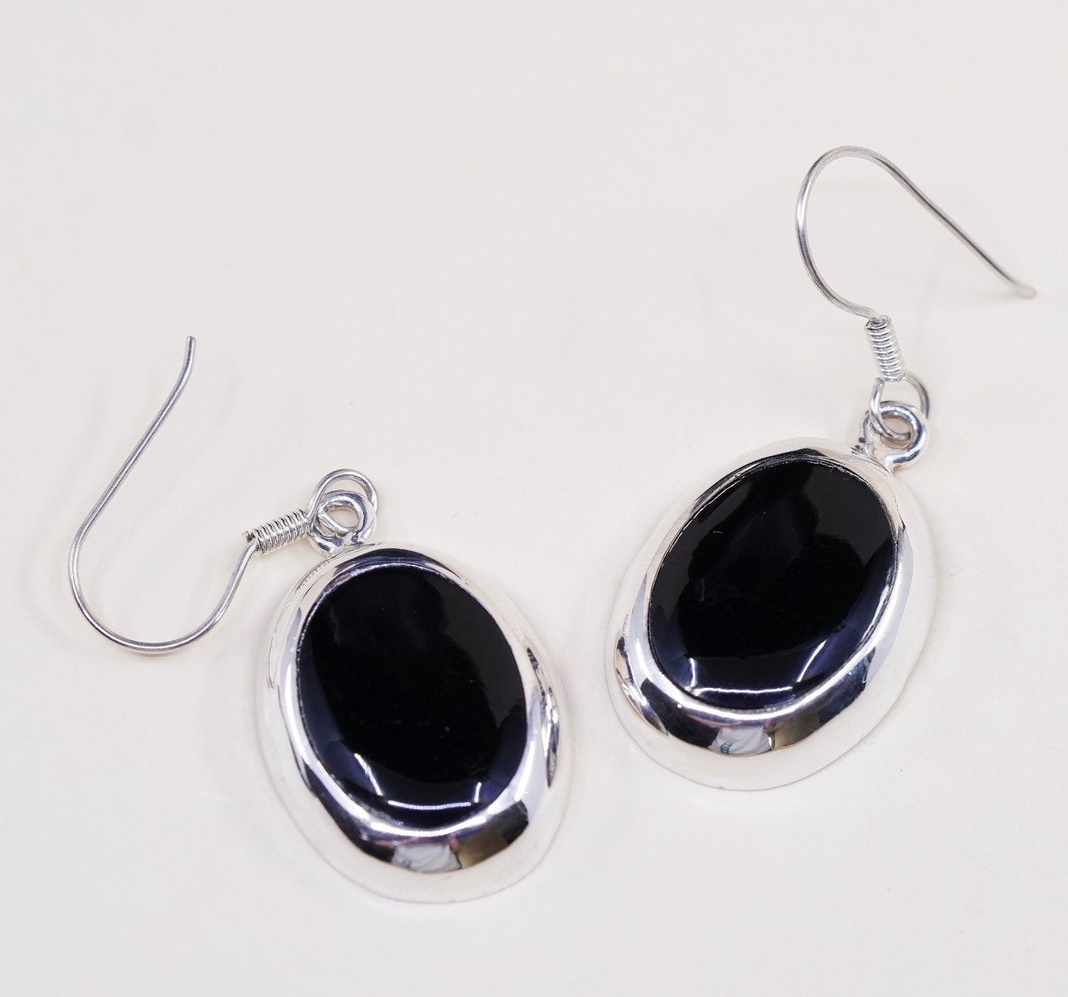 vtg Sterling silver handmade earrings, 925 w/ oval obsidian drops