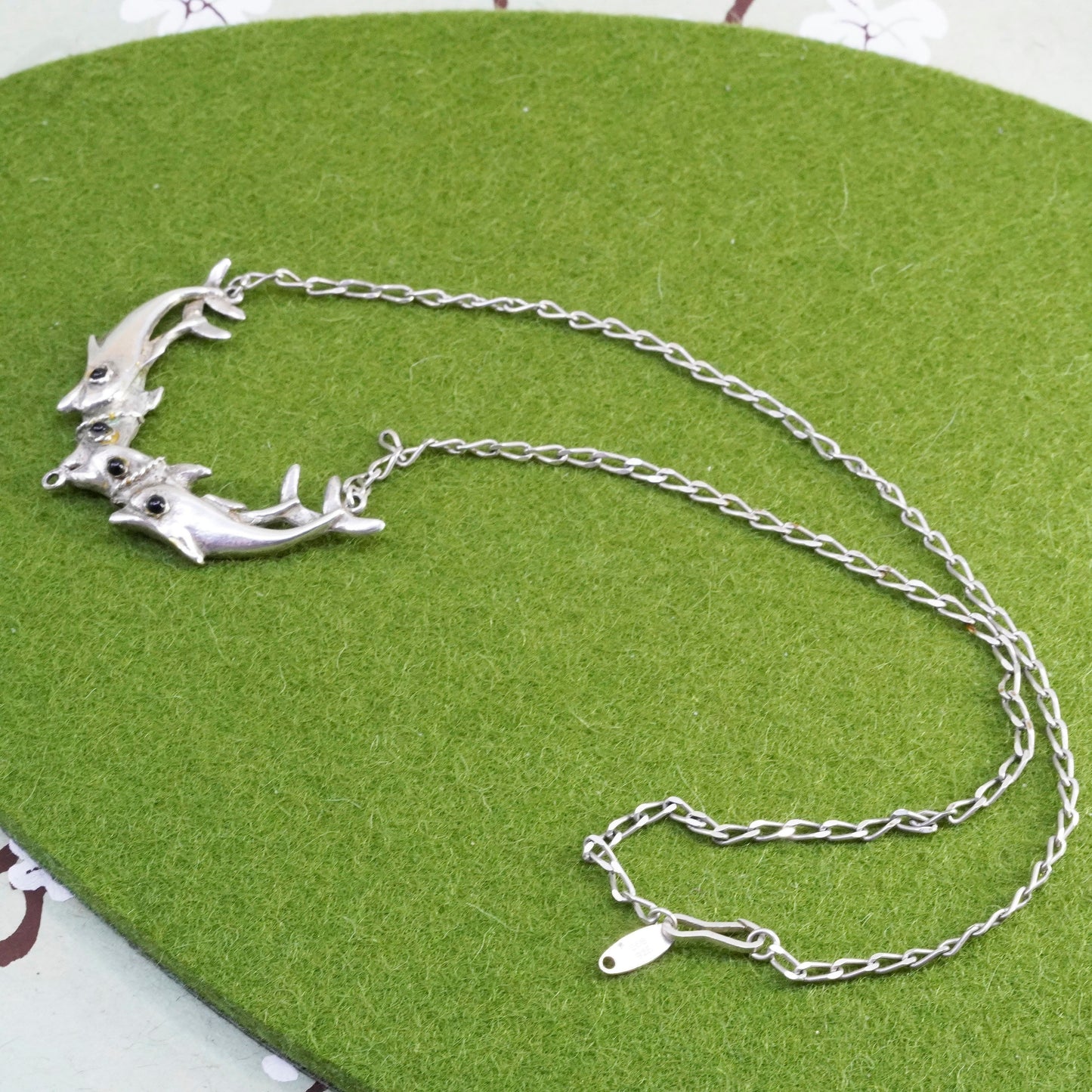 17”, sterling 925 silver handmade necklace, curb chain with dolphins pendant