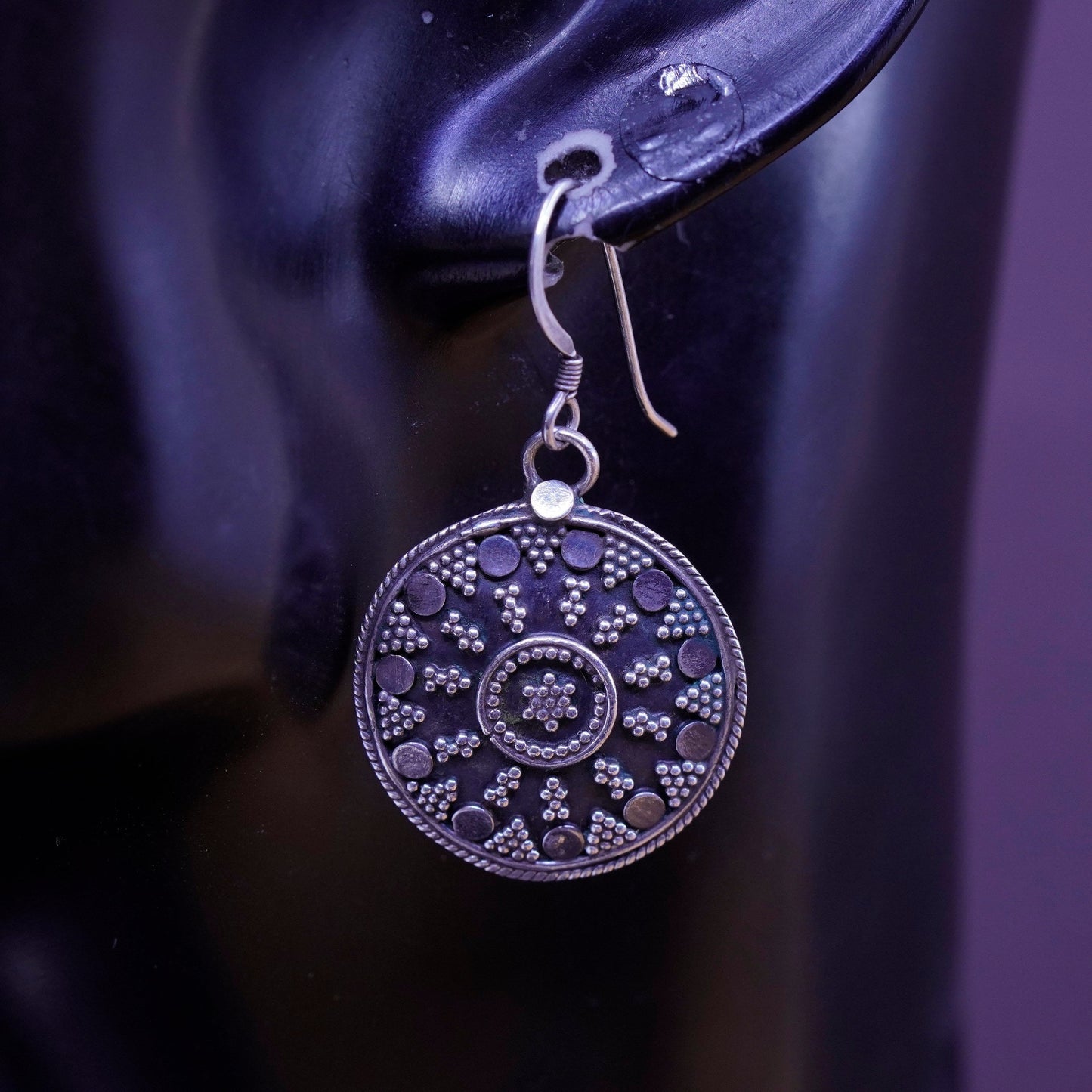 Vintage Sterling silver handmade earrings, 925 beaded disc drops