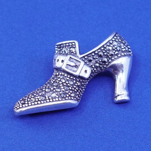 Vintage Sterling silver handmade brooch, 925 shoes pin with marcasite