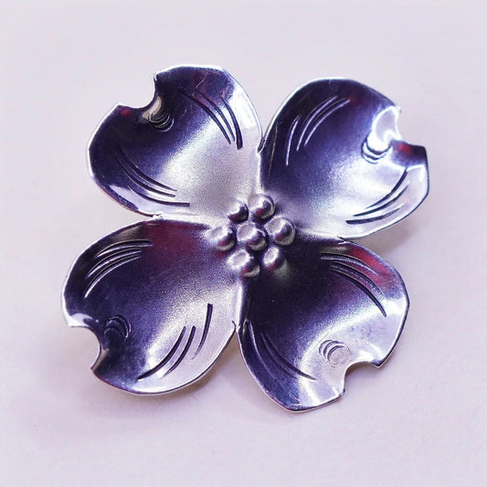 Vintage sterling silver dogwood flower shaped brooch, fine 925 silver brooch