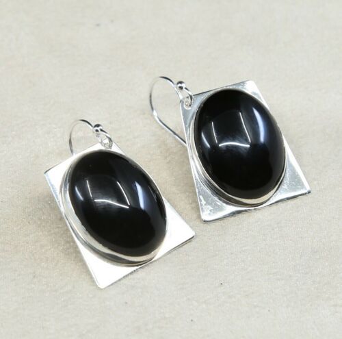 Vtg Sterling Silver Handmade Earrings, 925 Silver W/ Obsidian Inlay