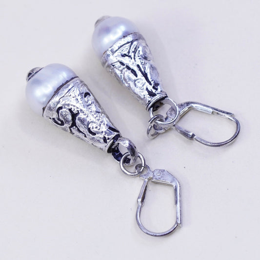 Vintage southwestern sterling silver handmade earrings, 925 teardrop with pearl