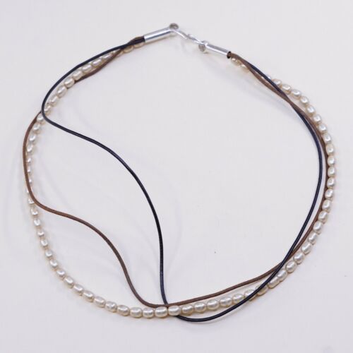 17” Vtg Sterling 925 Silver Clasp W Multi Strands Leather Necklace W/ Pearl Bead