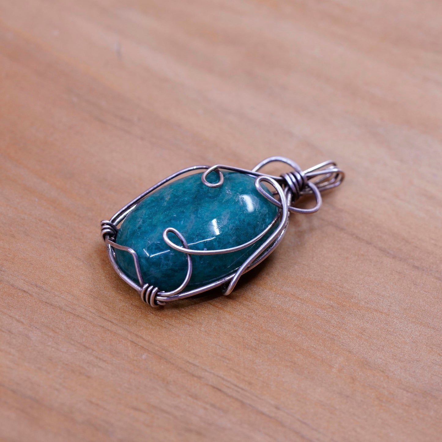 Vintage Sterling silver handmade pendant, Mexico 925 wired green jade pendant