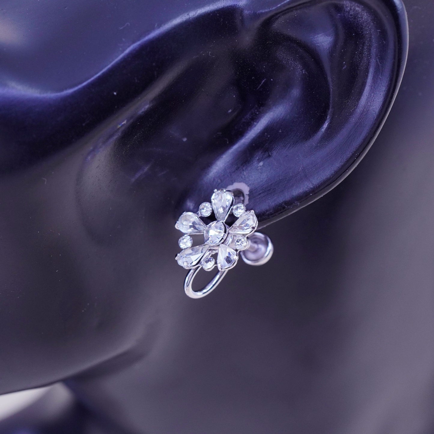 1950s vtg sterling 925 silver earrings flower screw back earrings rhinestone