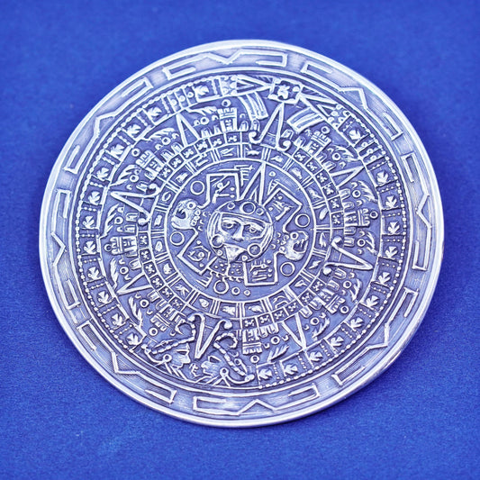 hecho en FMC Sterling silver handmade Pendant pin, 925 Mayan calendar brooch