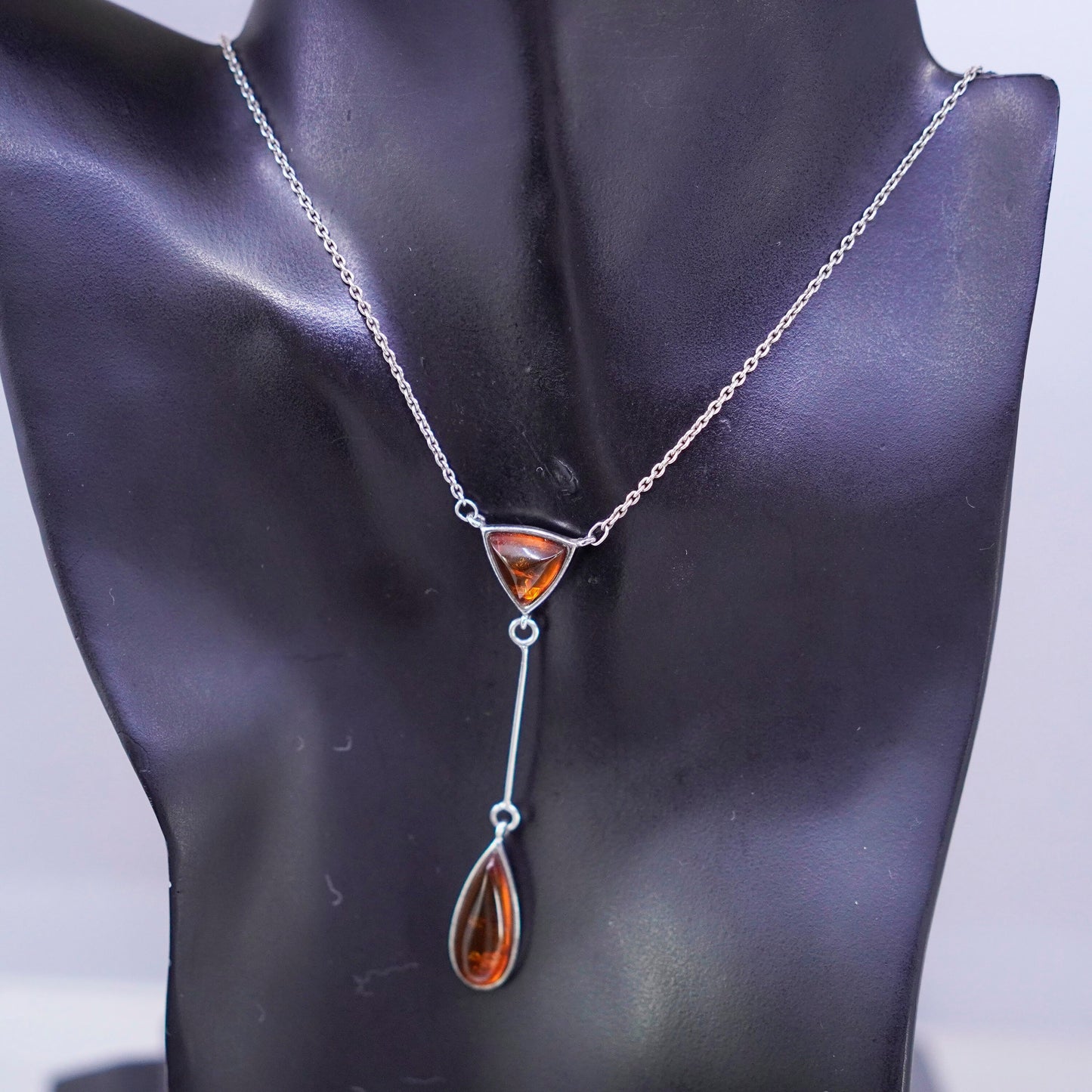 16”, vintage Sterling silver necklace, 925 circle chain with amber pendant