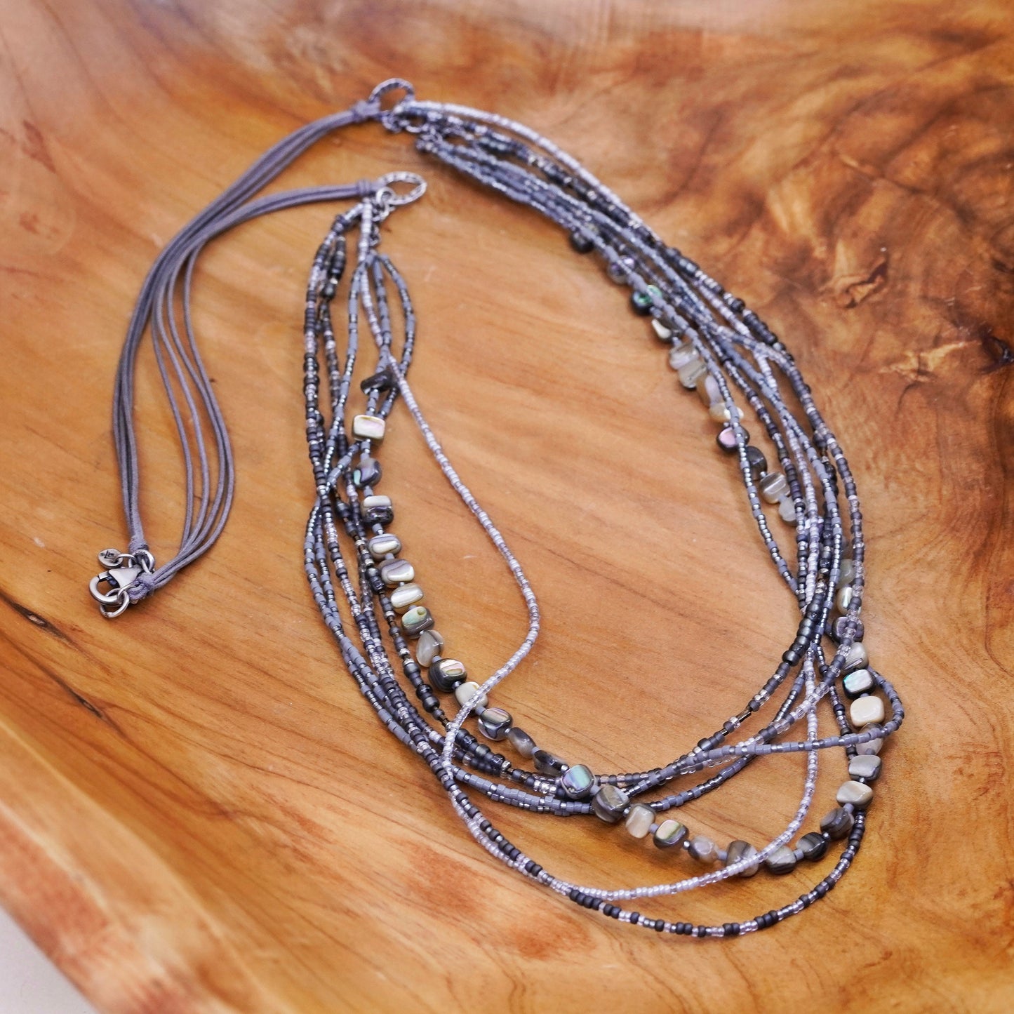 28”, Silpada Sterling 925 Silver Multi strand abalone Seed Bead Boho Necklace