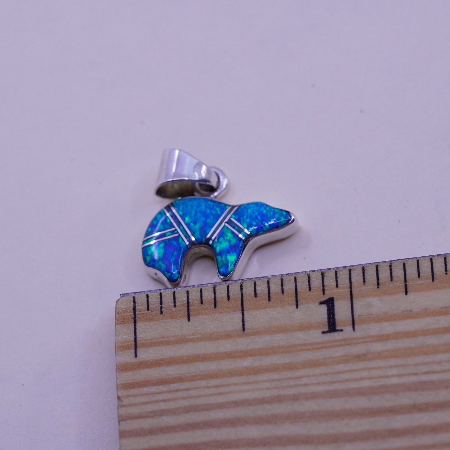 Native American zuni EJ Sterling silver handmade pendant, 925 bear charm opal