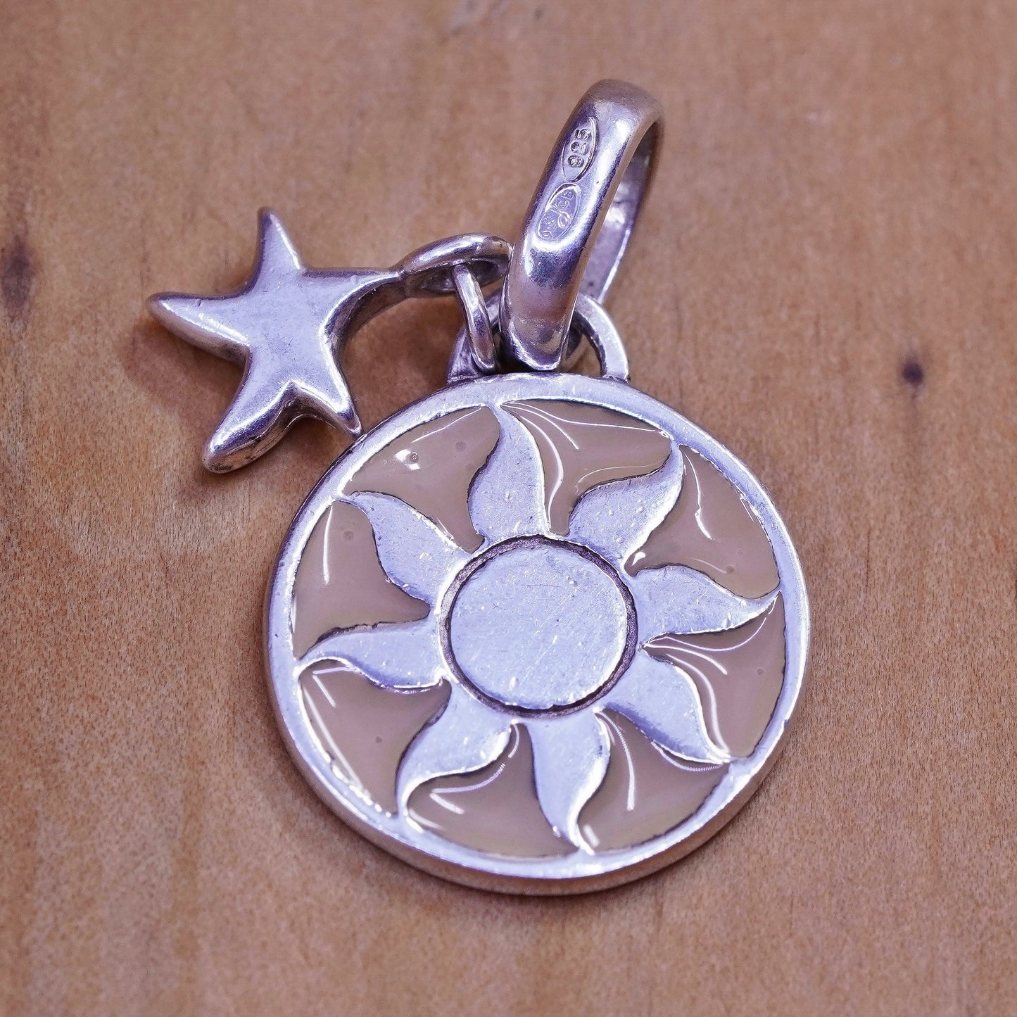 vtg Sterling silver handmade flower pendant, 925 Tag charm enamel flower star